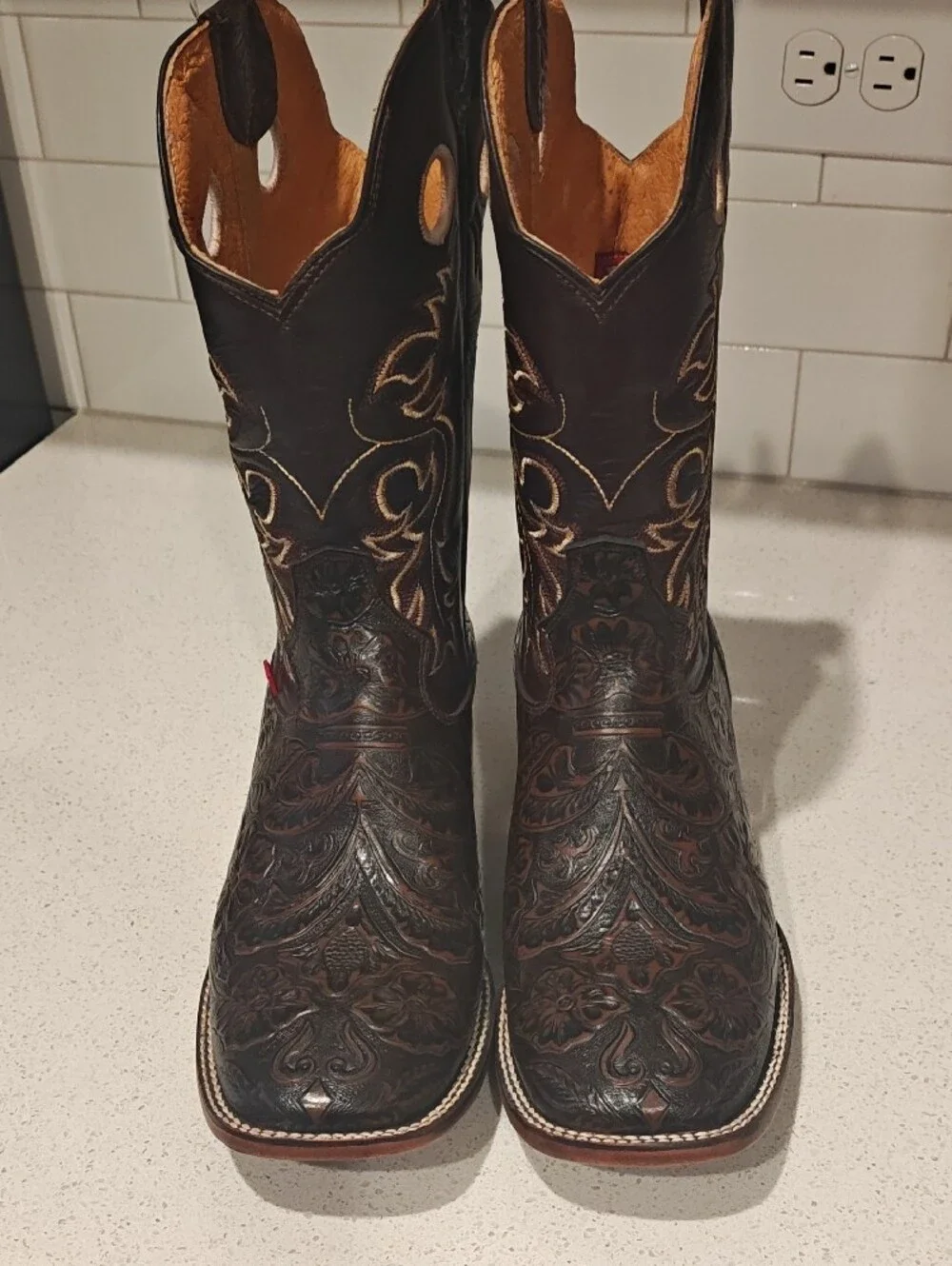 Big Bull Dark Brown Leather Western Boots with Tooled Leather - Never Been Worn